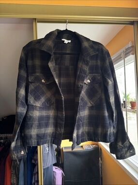 Plaid Button-Front Jacket in Black and Olive Size S